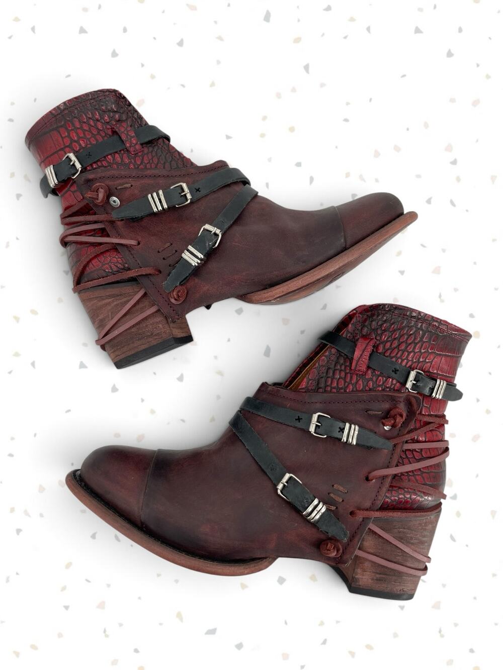 Freebird by Steven Crue Red Wine Croc Ankle Boots Booties Buckle Straps Size 11